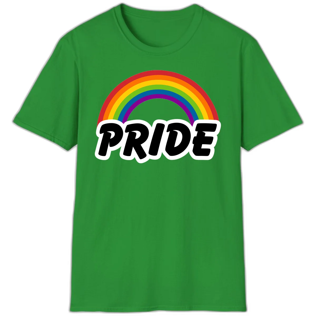 Colorful rainbow arc above bold black 'PRIDE' text with white outline on gray background in Irish Green