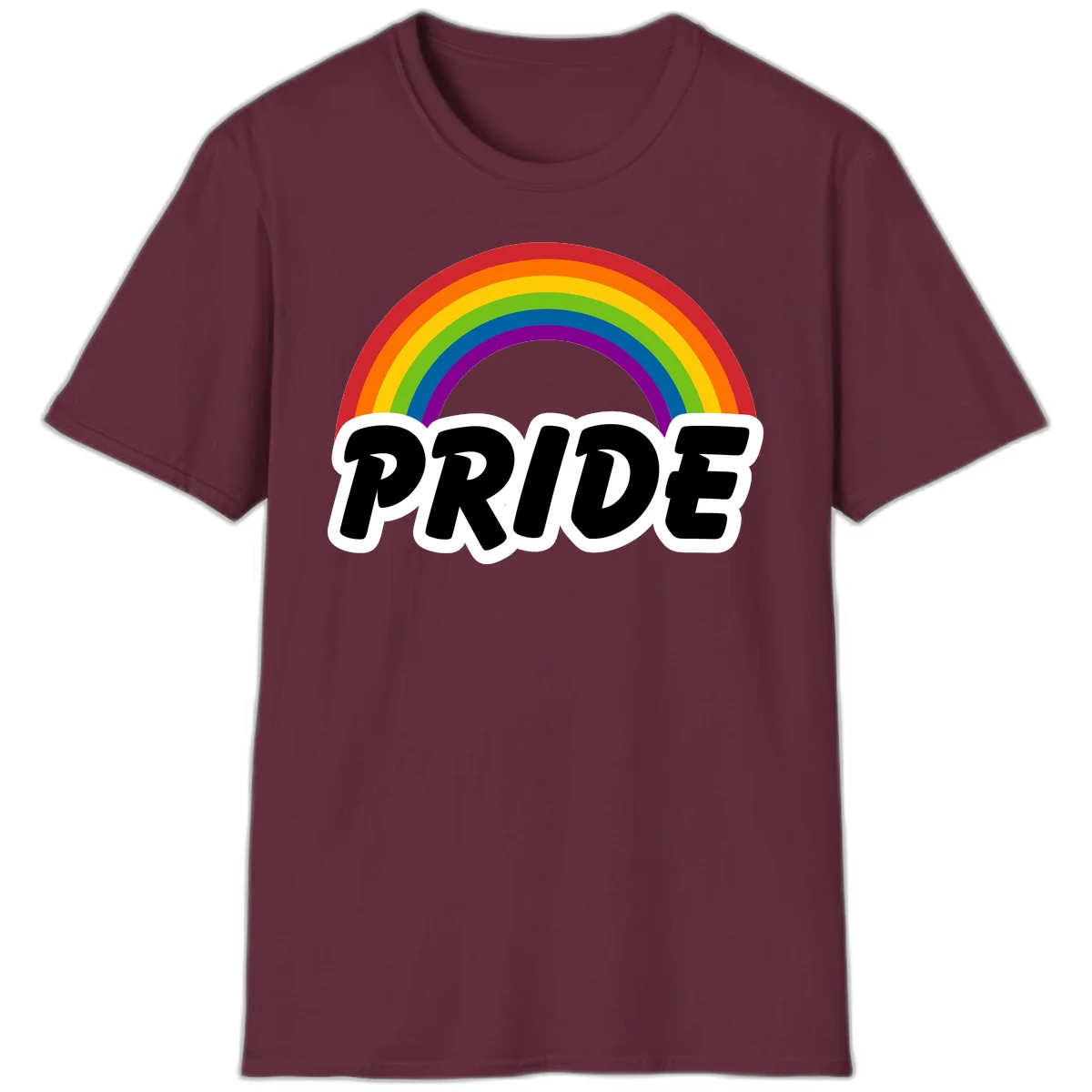 Colorful rainbow arc above bold black 'PRIDE' text with white outline on gray background in Maroon