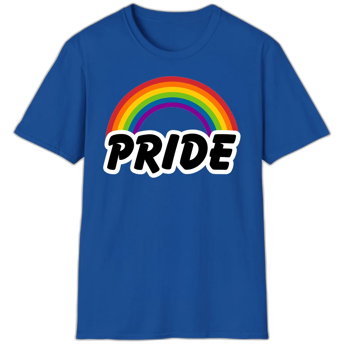 Colorful rainbow arc above bold black 'PRIDE' text with white outline on gray background in Royal