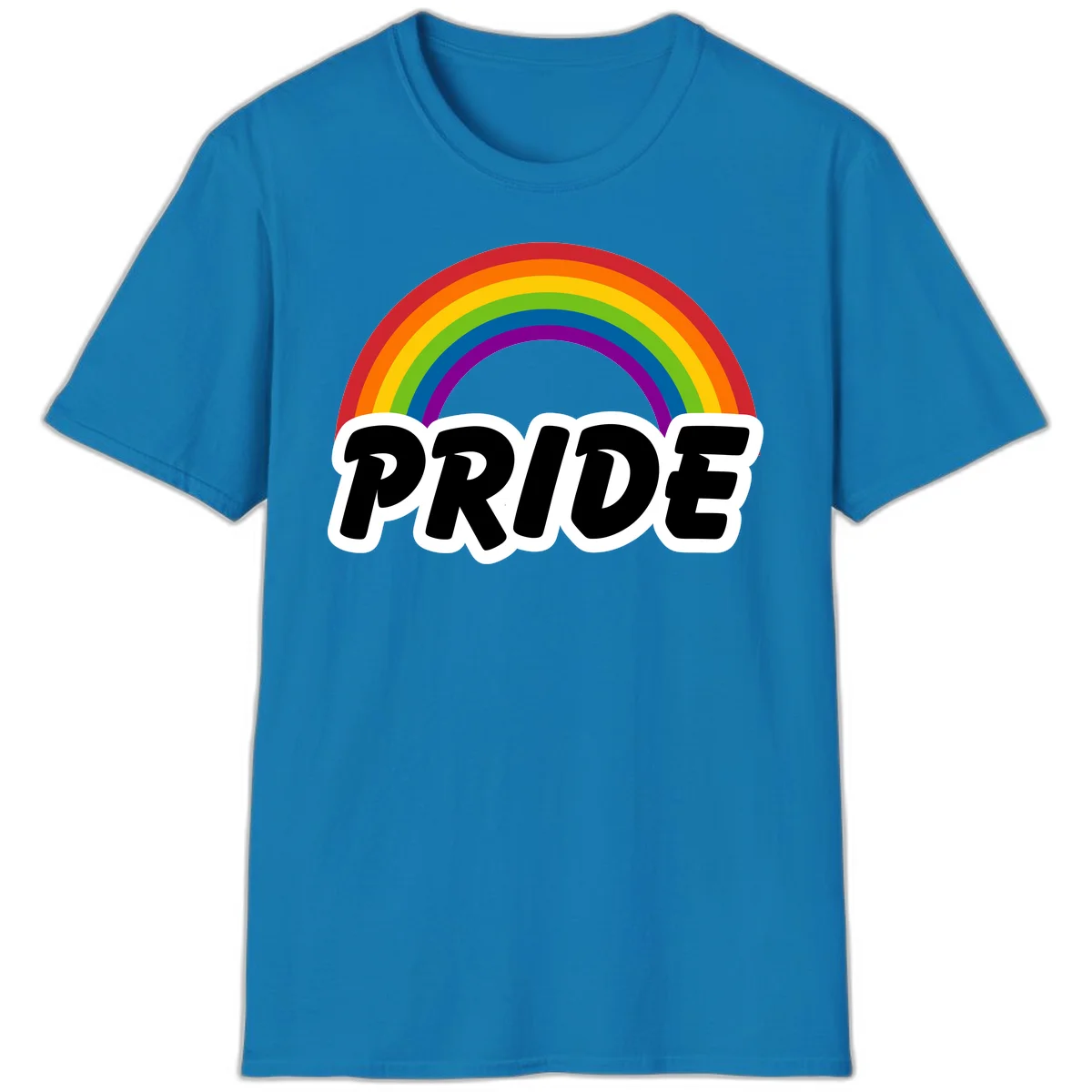 Colorful rainbow arc above bold black 'PRIDE' text with white outline on gray background in Sapphire
