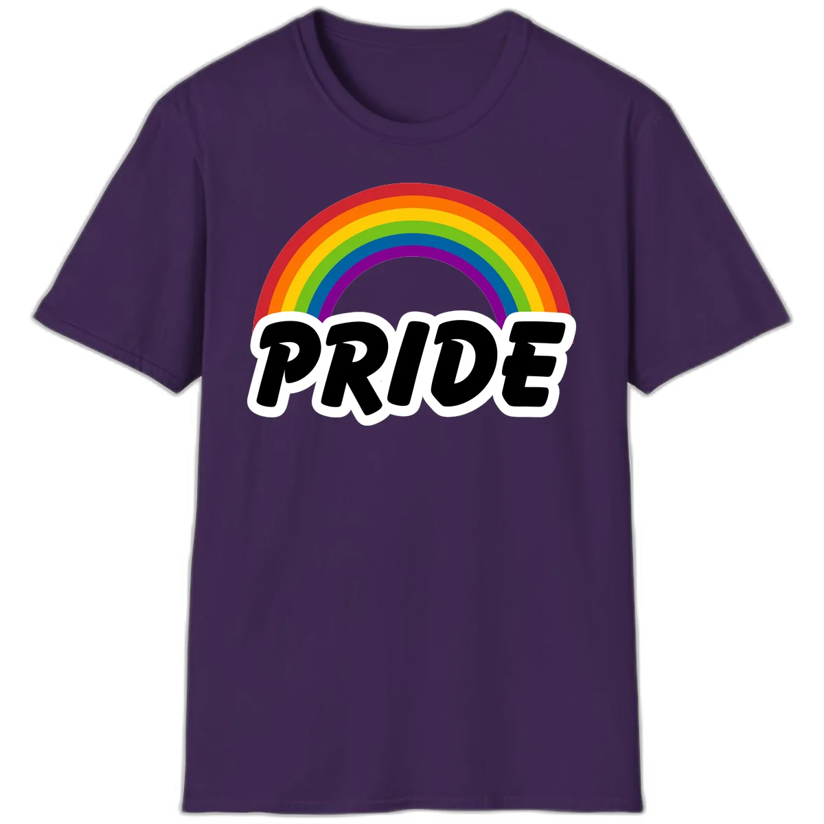 Colorful rainbow arc above bold black 'PRIDE' text with white outline on gray background in Purple