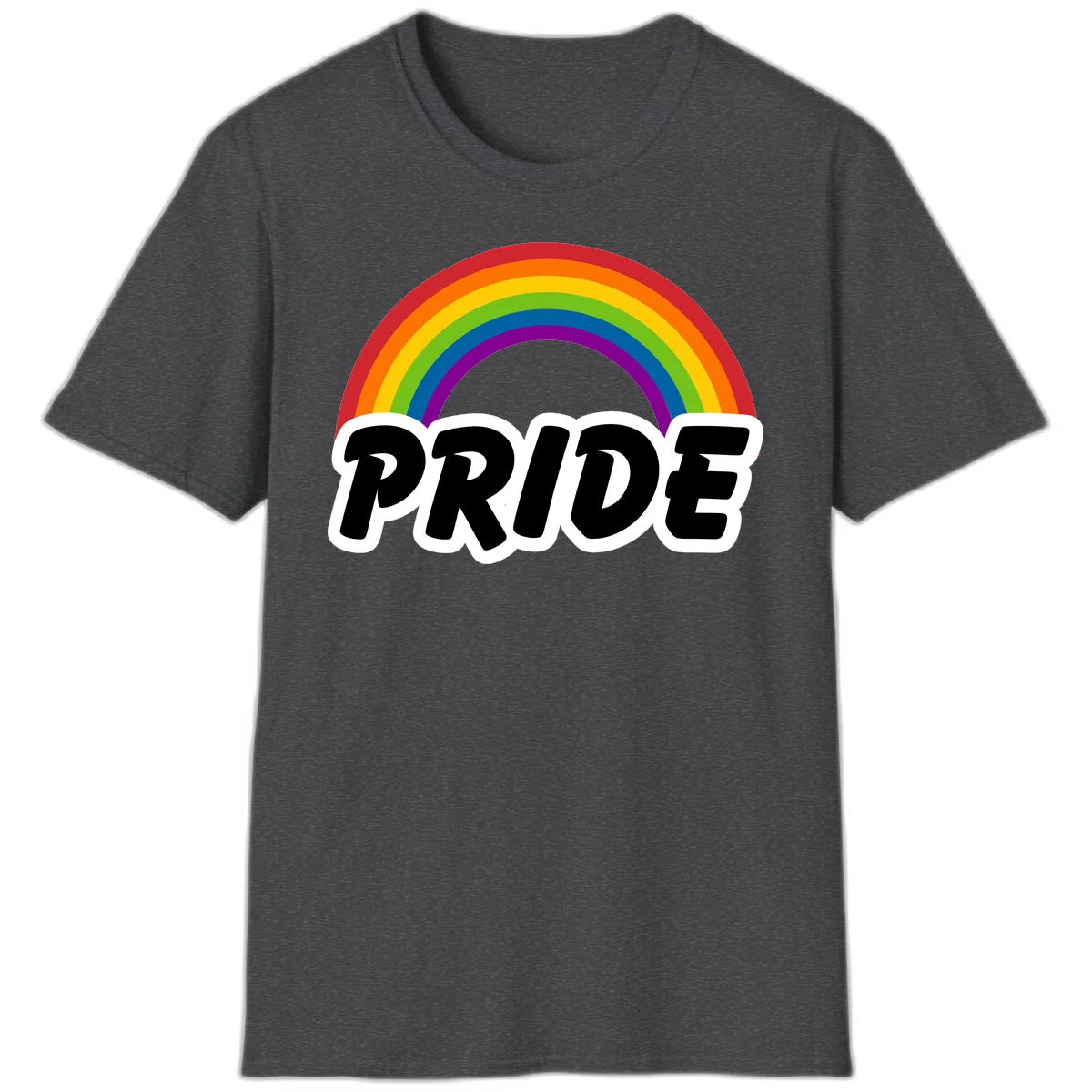 Colorful rainbow arc above bold black 'PRIDE' text with white outline on gray background in Dark Heather