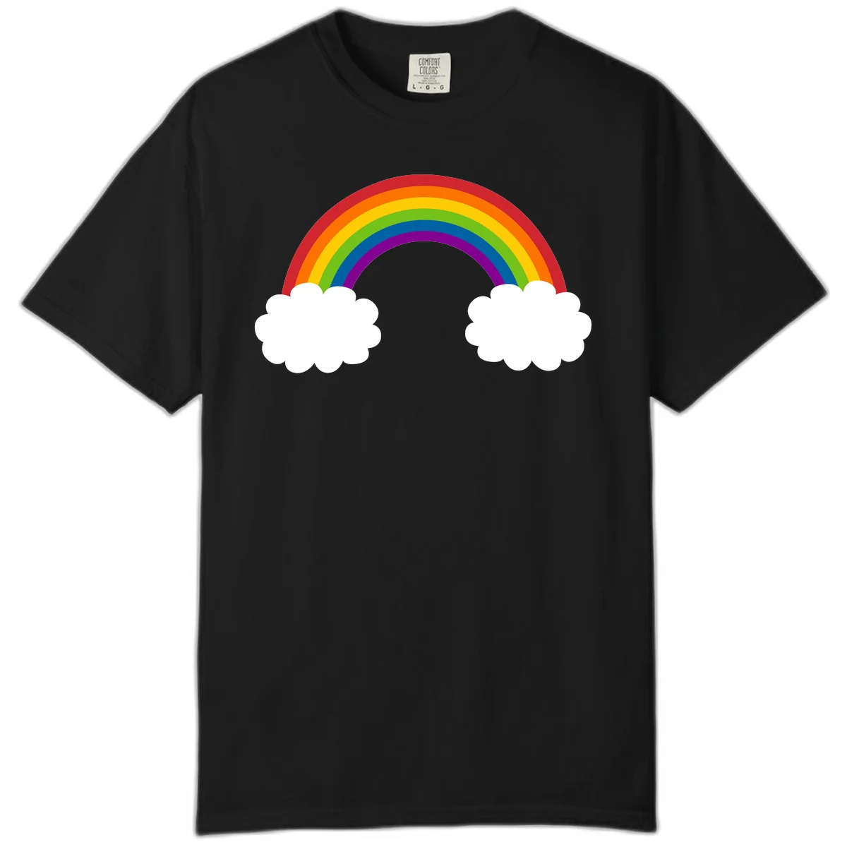 Vibrant rainbow arc spanning between two white clouds on gray background, rainbow-cloud-bridge design in Black
