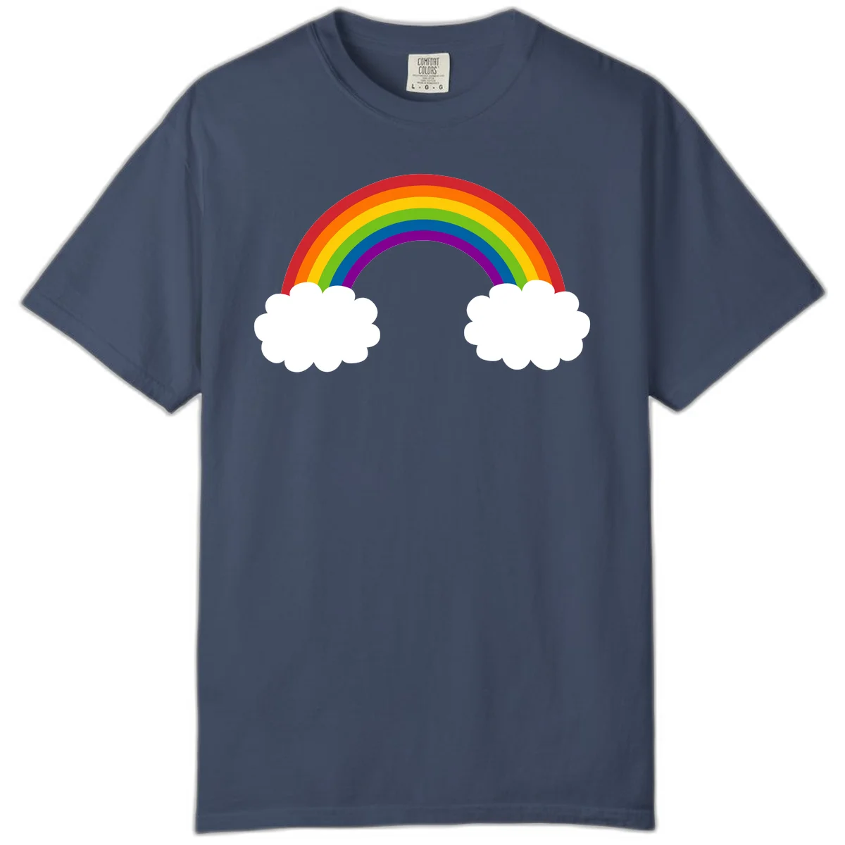 Vibrant rainbow arc spanning between two white clouds on gray background, rainbow-cloud-bridge design in Midnight