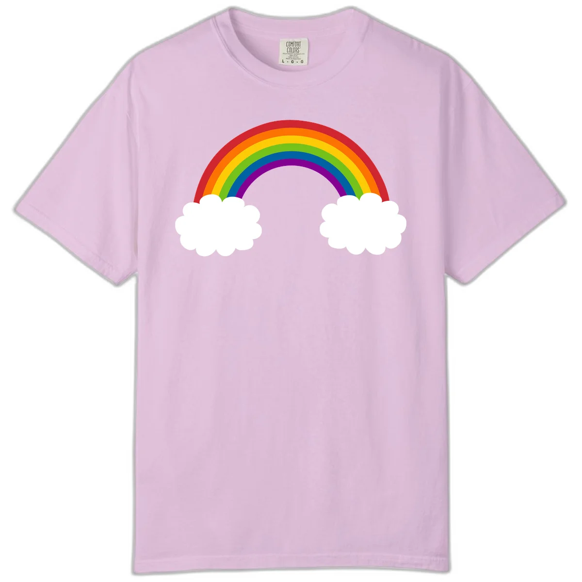 Vibrant rainbow arc spanning between two white clouds on gray background, rainbow-cloud-bridge design in Orchid