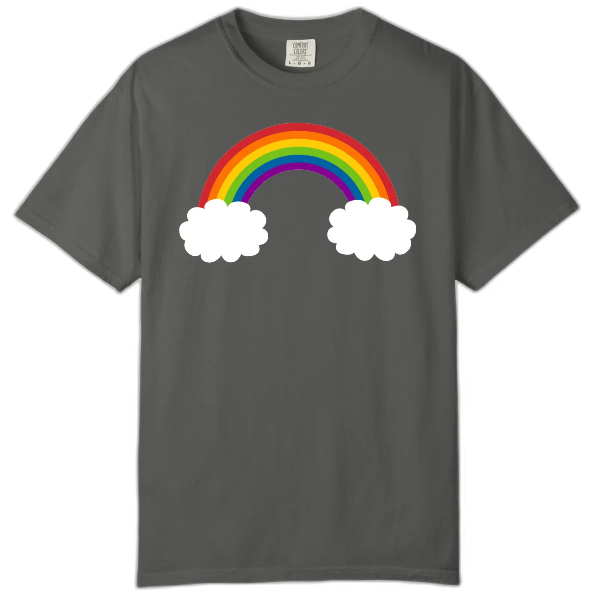 Vibrant rainbow arc spanning between two white clouds on gray background, rainbow-cloud-bridge design in Pepper