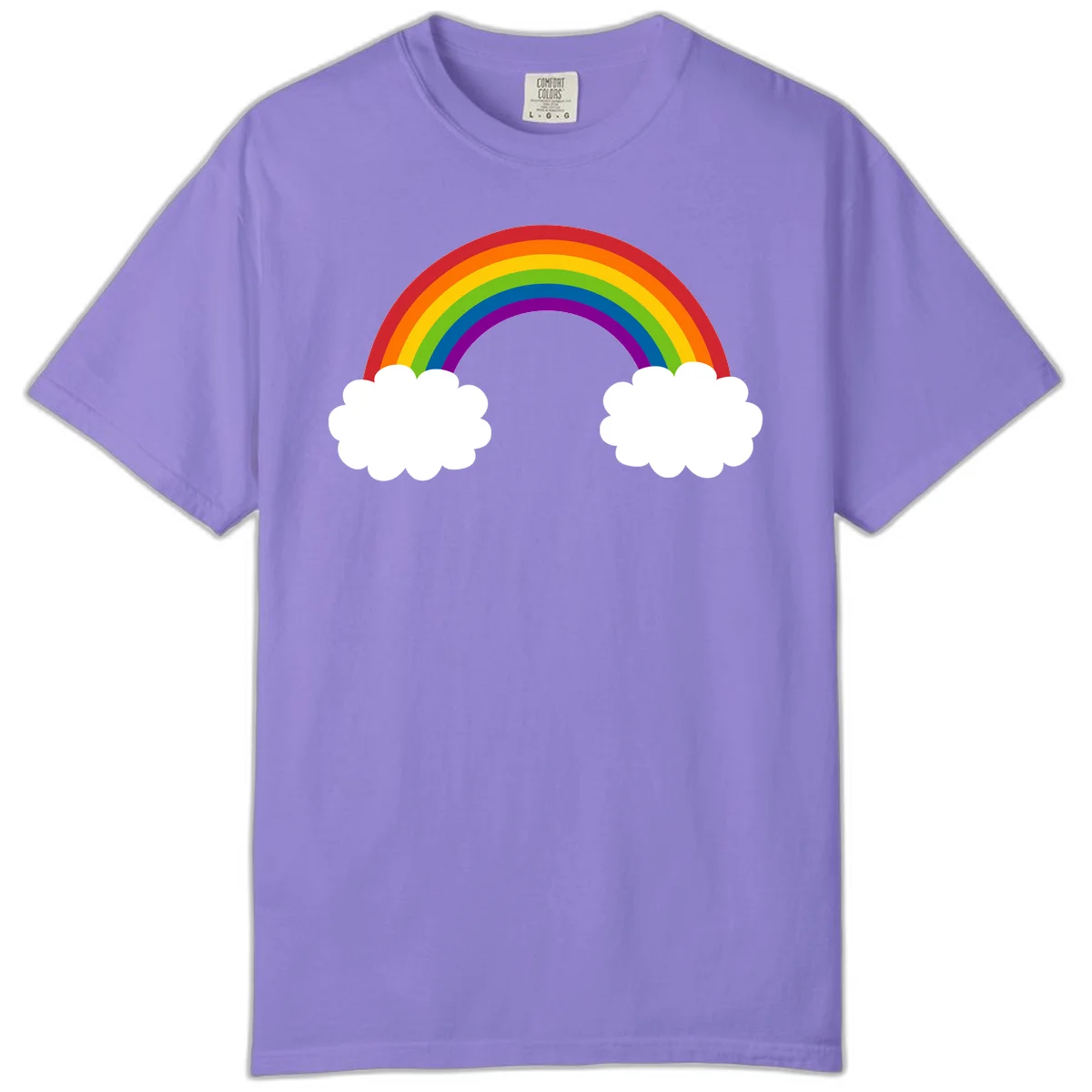 Vibrant rainbow arc spanning between two white clouds on gray background, rainbow-cloud-bridge design in Violet
