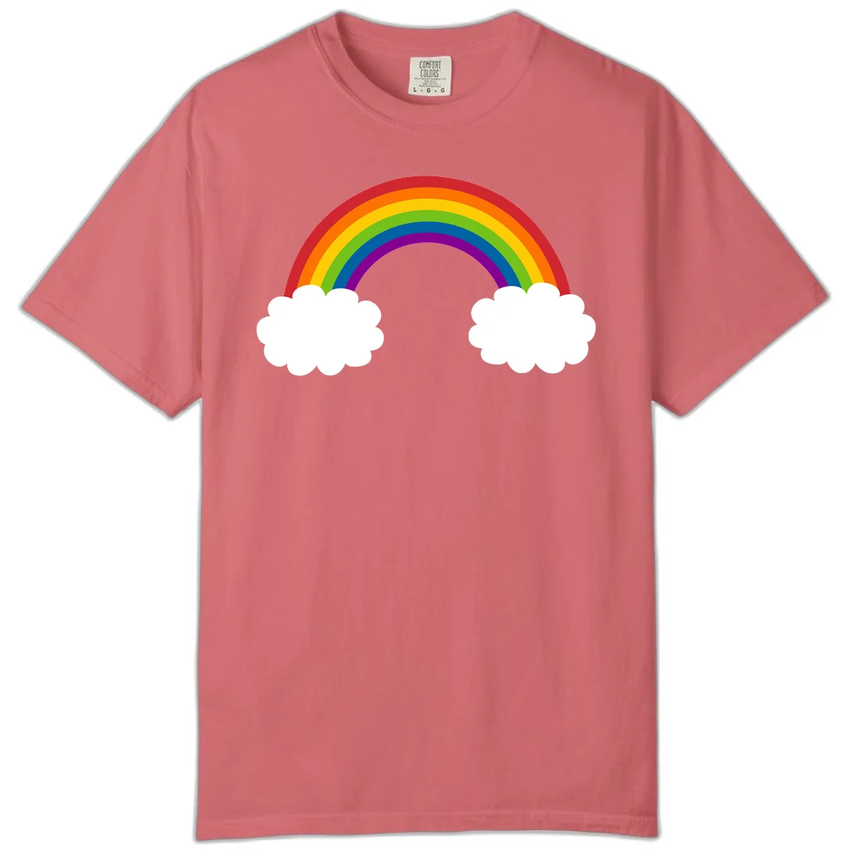 Vibrant rainbow arc spanning between two white clouds on gray background, rainbow-cloud-bridge design in Watermelon