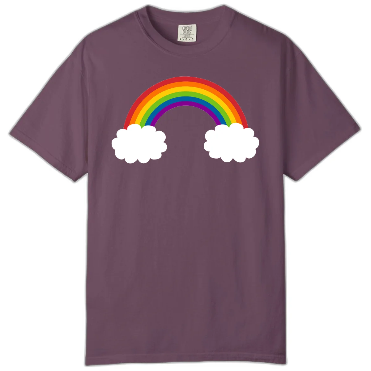 Vibrant rainbow arc spanning between two white clouds on gray background, rainbow-cloud-bridge design in Berry
