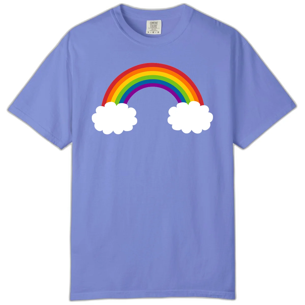Vibrant rainbow arc spanning between two white clouds on gray background, rainbow-cloud-bridge design in Flo Blue