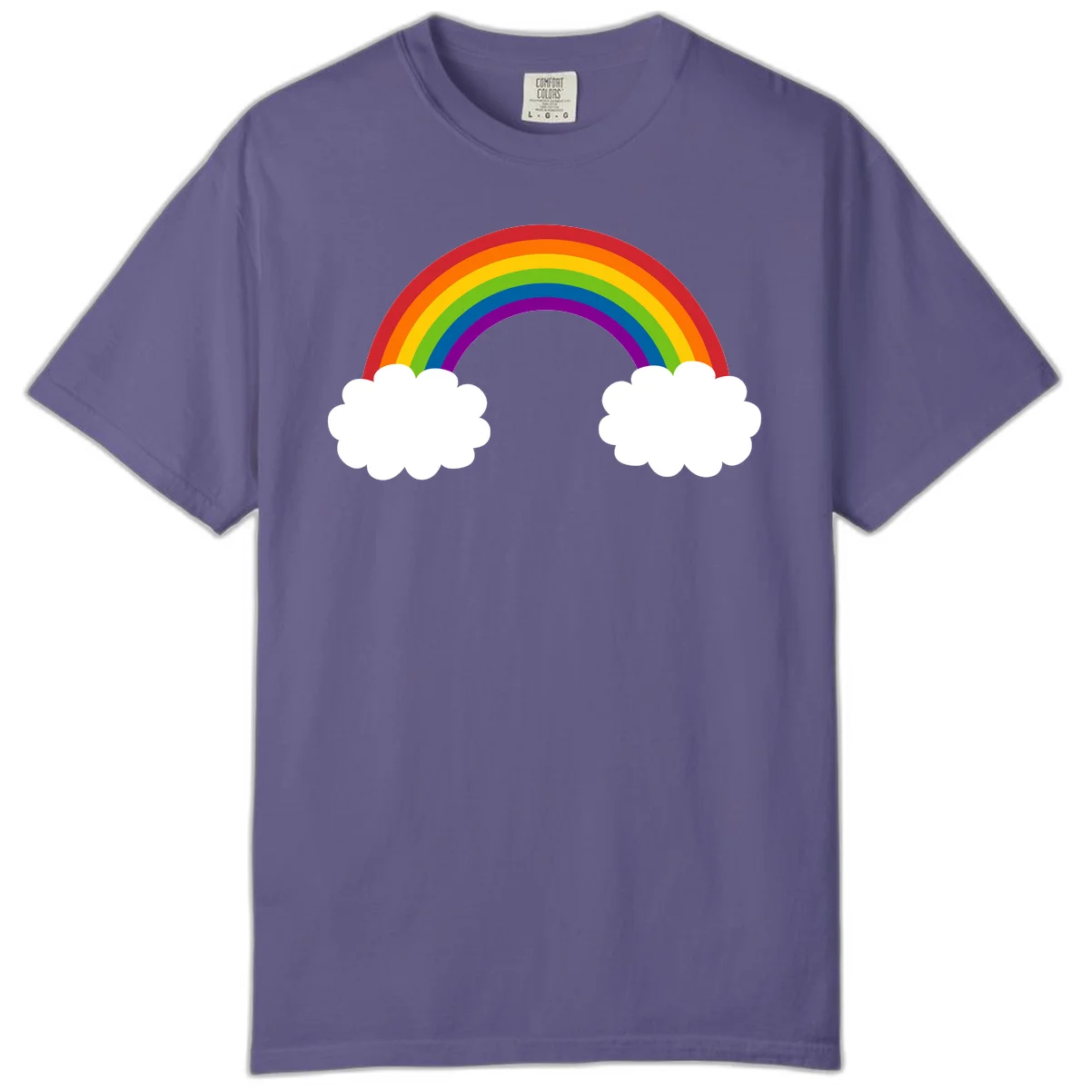 Vibrant rainbow arc spanning between two white clouds on gray background, rainbow-cloud-bridge design in Grape