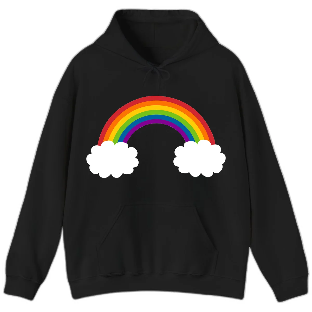 Vibrant rainbow arc spanning between two white clouds on gray background, rainbow-cloud-bridge design in Black