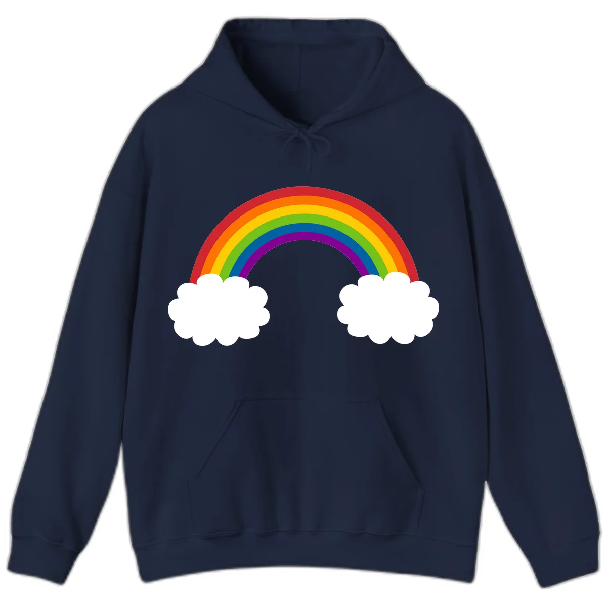 Vibrant rainbow arc spanning between two white clouds on gray background, rainbow-cloud-bridge design in Navy