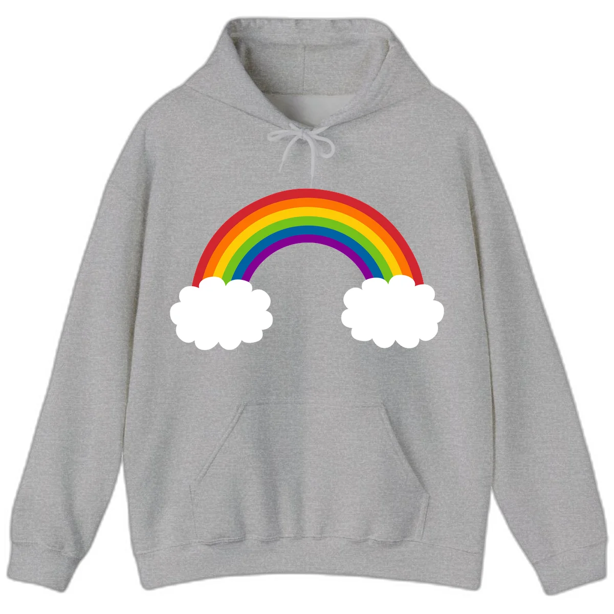 Vibrant rainbow arc spanning between two white clouds on gray background, rainbow-cloud-bridge design in Sport Grey