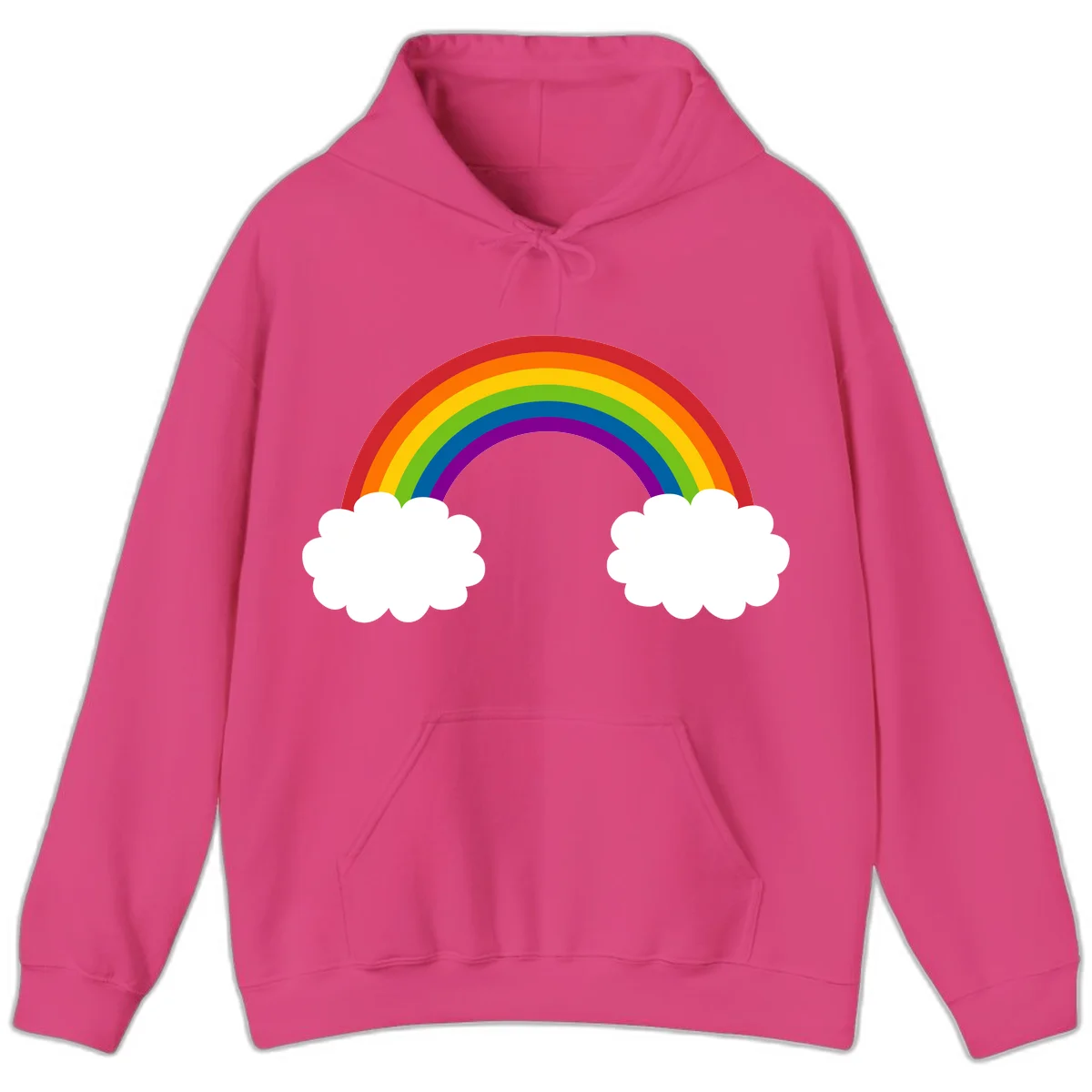 Vibrant rainbow arc spanning between two white clouds on gray background, rainbow-cloud-bridge design in Heliconia