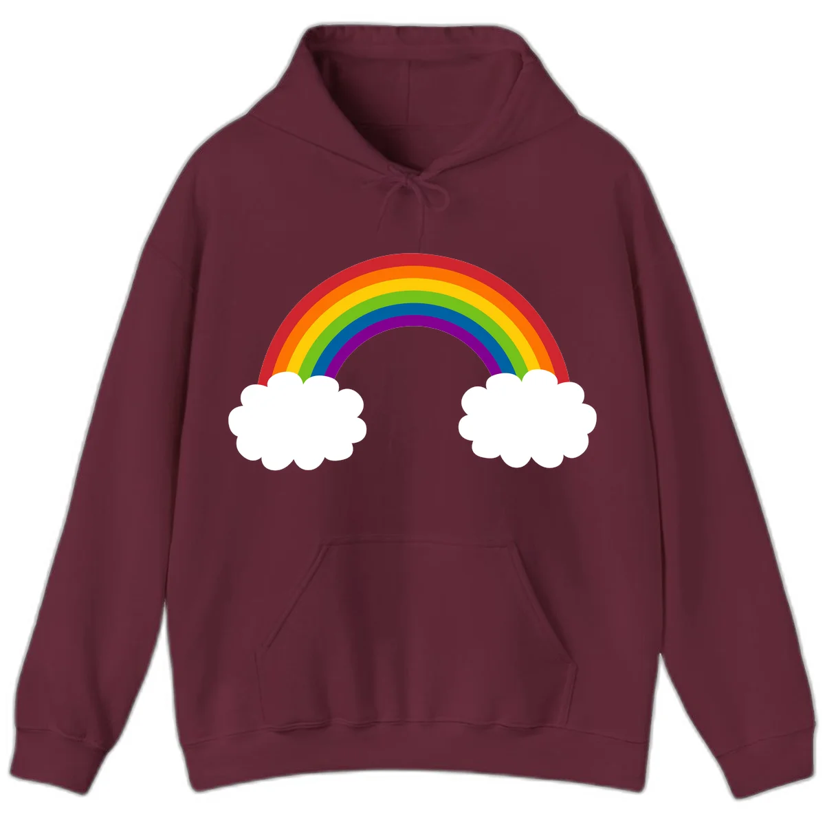 Vibrant rainbow arc spanning between two white clouds on gray background, rainbow-cloud-bridge design in Maroon