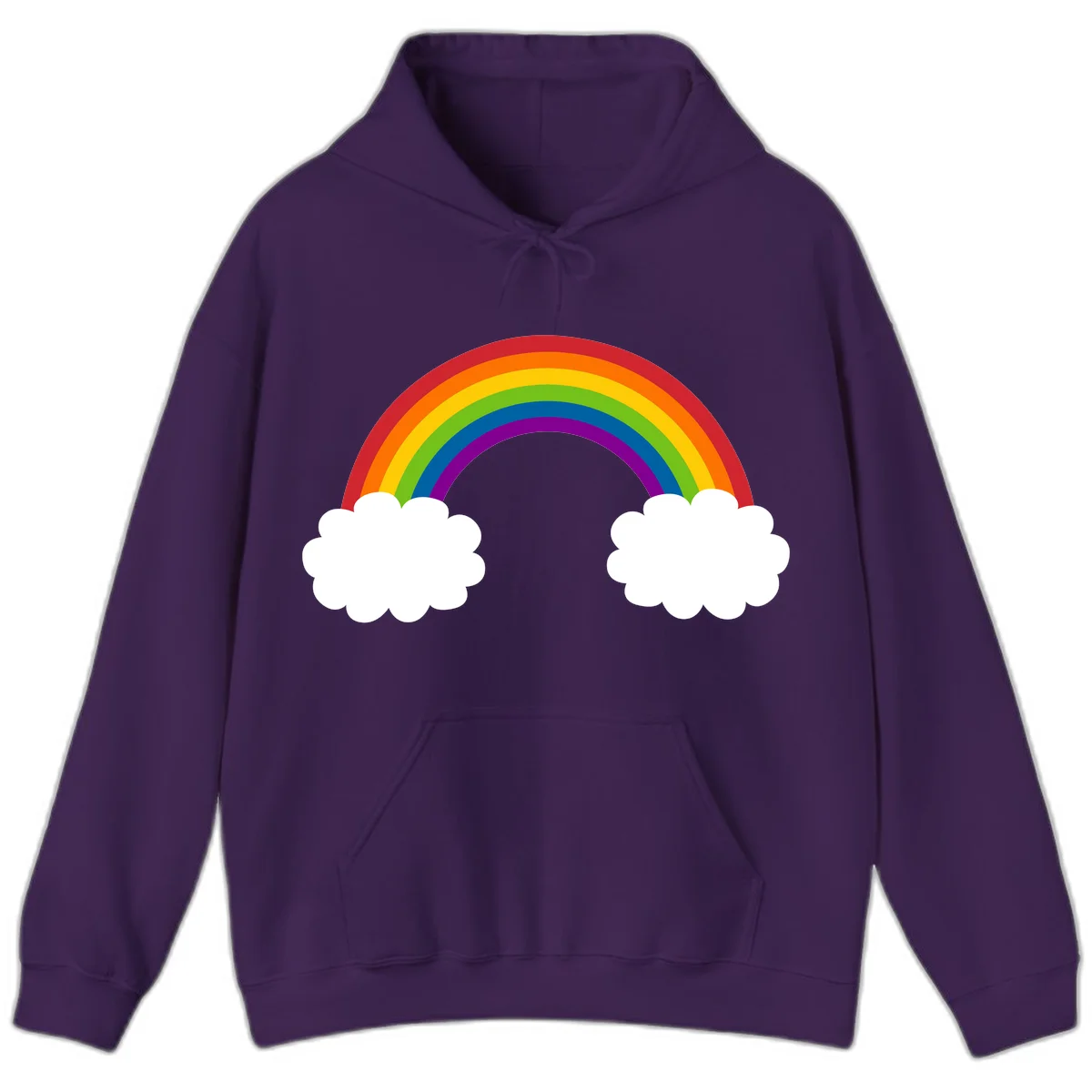 Vibrant rainbow arc spanning between two white clouds on gray background, rainbow-cloud-bridge design in Purple