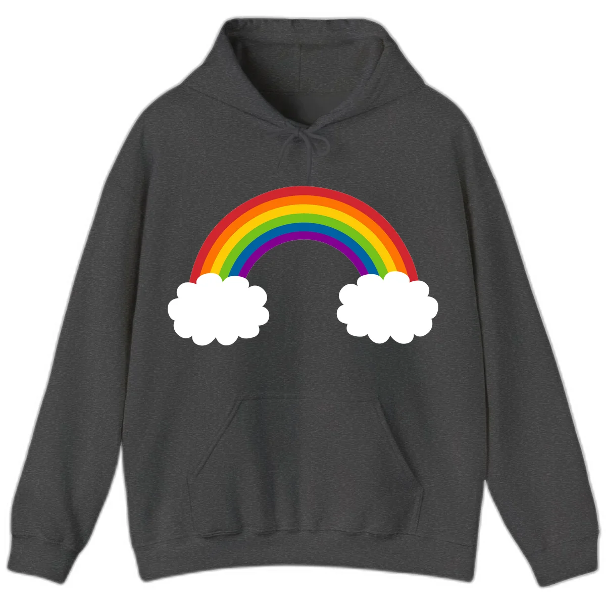 Vibrant rainbow arc spanning between two white clouds on gray background, rainbow-cloud-bridge design in Dark Heather