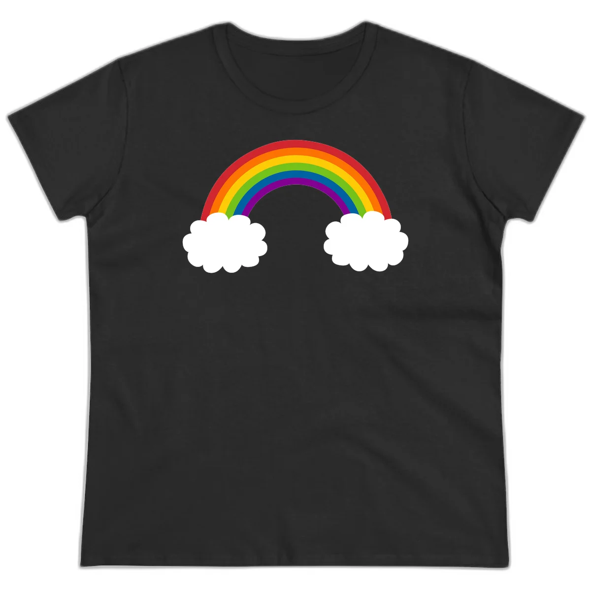 Vibrant rainbow arc spanning between two white clouds on gray background, rainbow-cloud-bridge design in Black