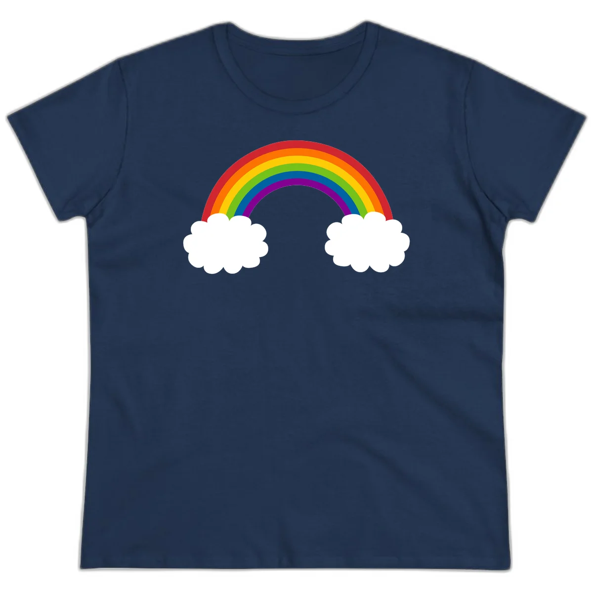 Vibrant rainbow arc spanning between two white clouds on gray background, rainbow-cloud-bridge design in Navy