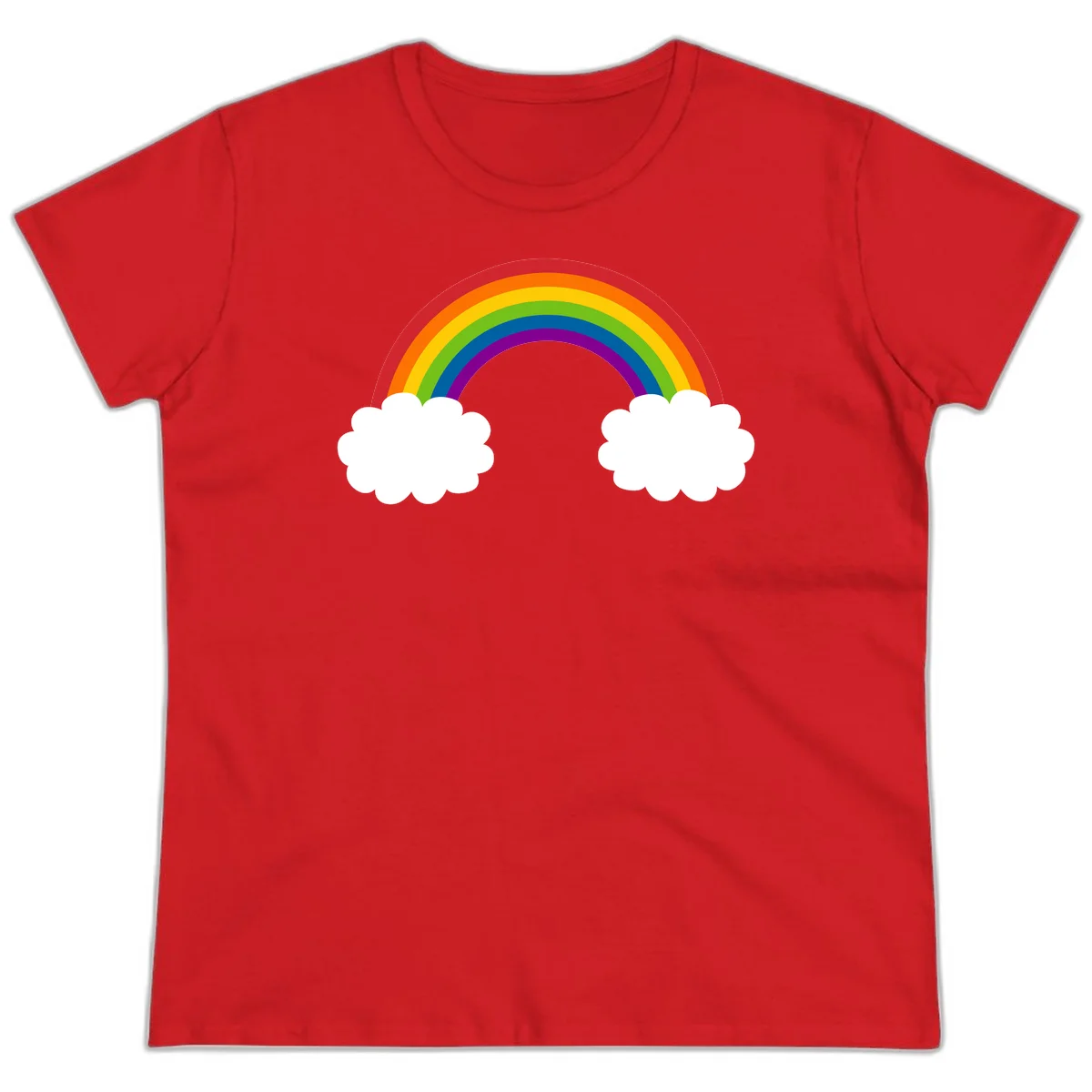Vibrant rainbow arc spanning between two white clouds on gray background, rainbow-cloud-bridge design in Red