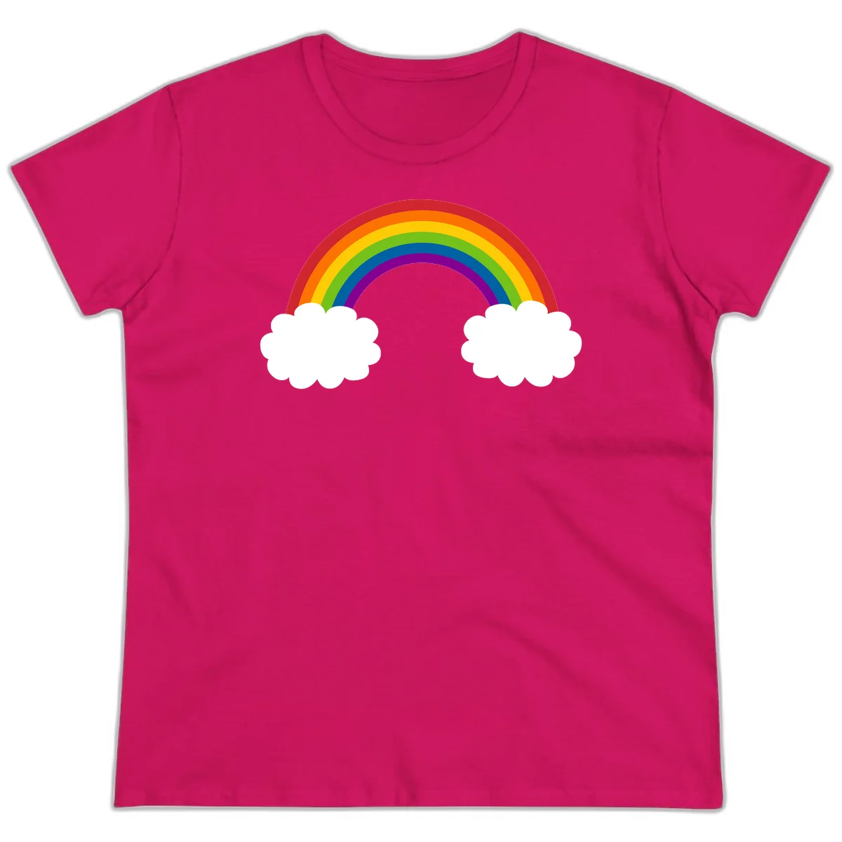 Vibrant rainbow arc spanning between two white clouds on gray background, rainbow-cloud-bridge design in Heliconia