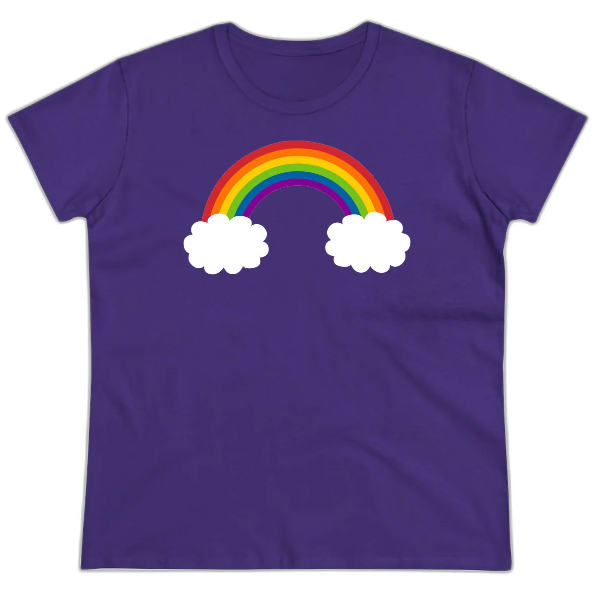 Vibrant rainbow arc spanning between two white clouds on gray background, rainbow-cloud-bridge design in Purple
