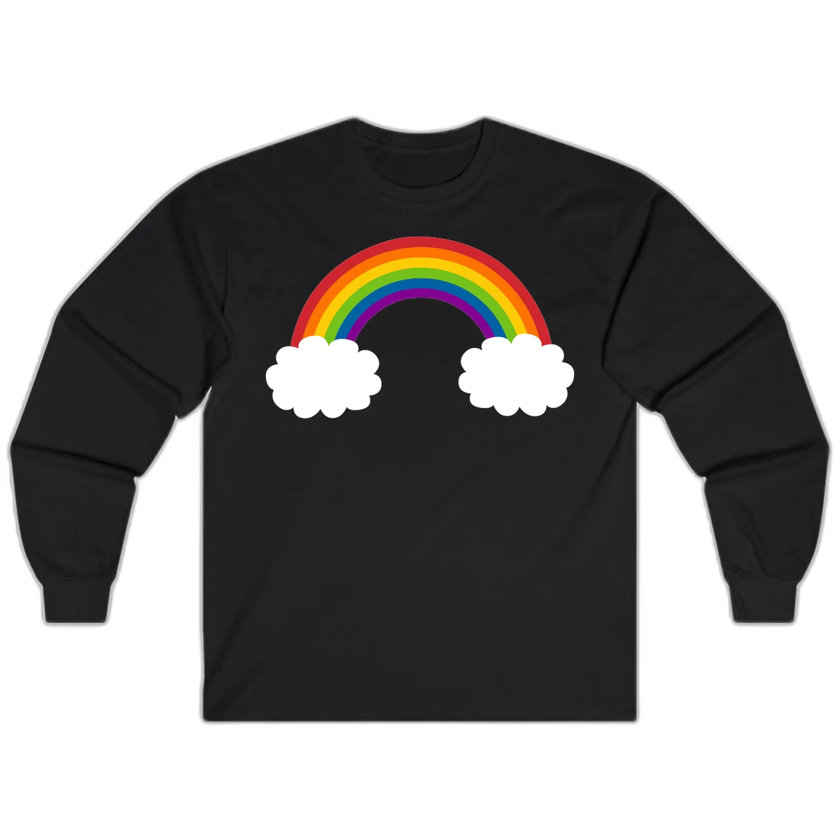 Vibrant rainbow arc spanning between two white clouds on gray background, rainbow-cloud-bridge design in Black