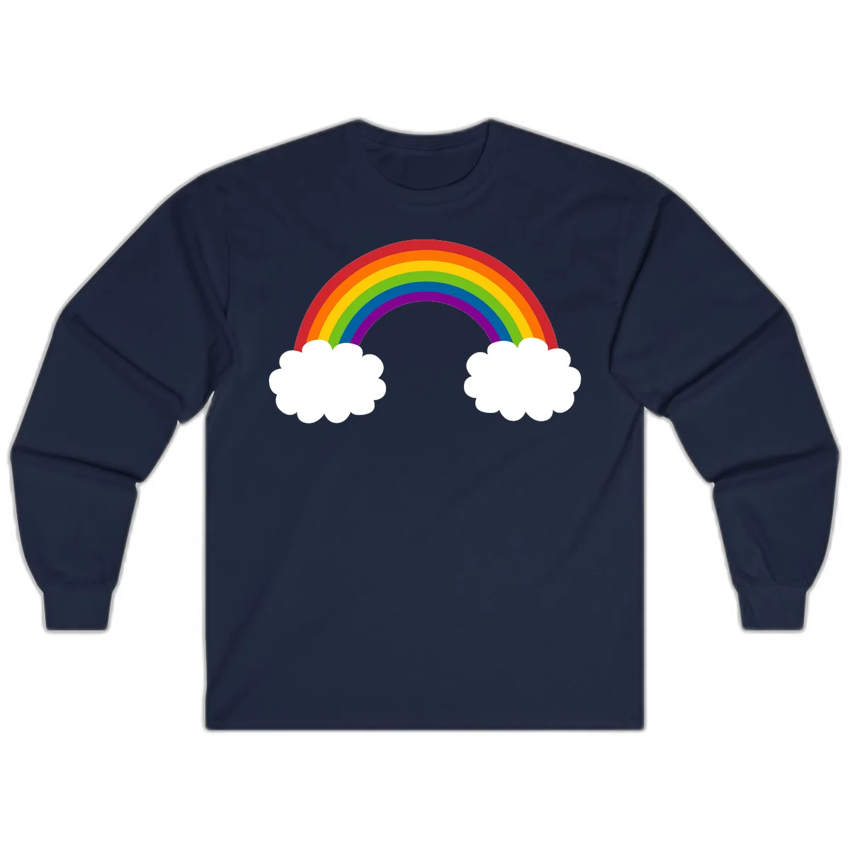 Vibrant rainbow arc spanning between two white clouds on gray background, rainbow-cloud-bridge design in Navy