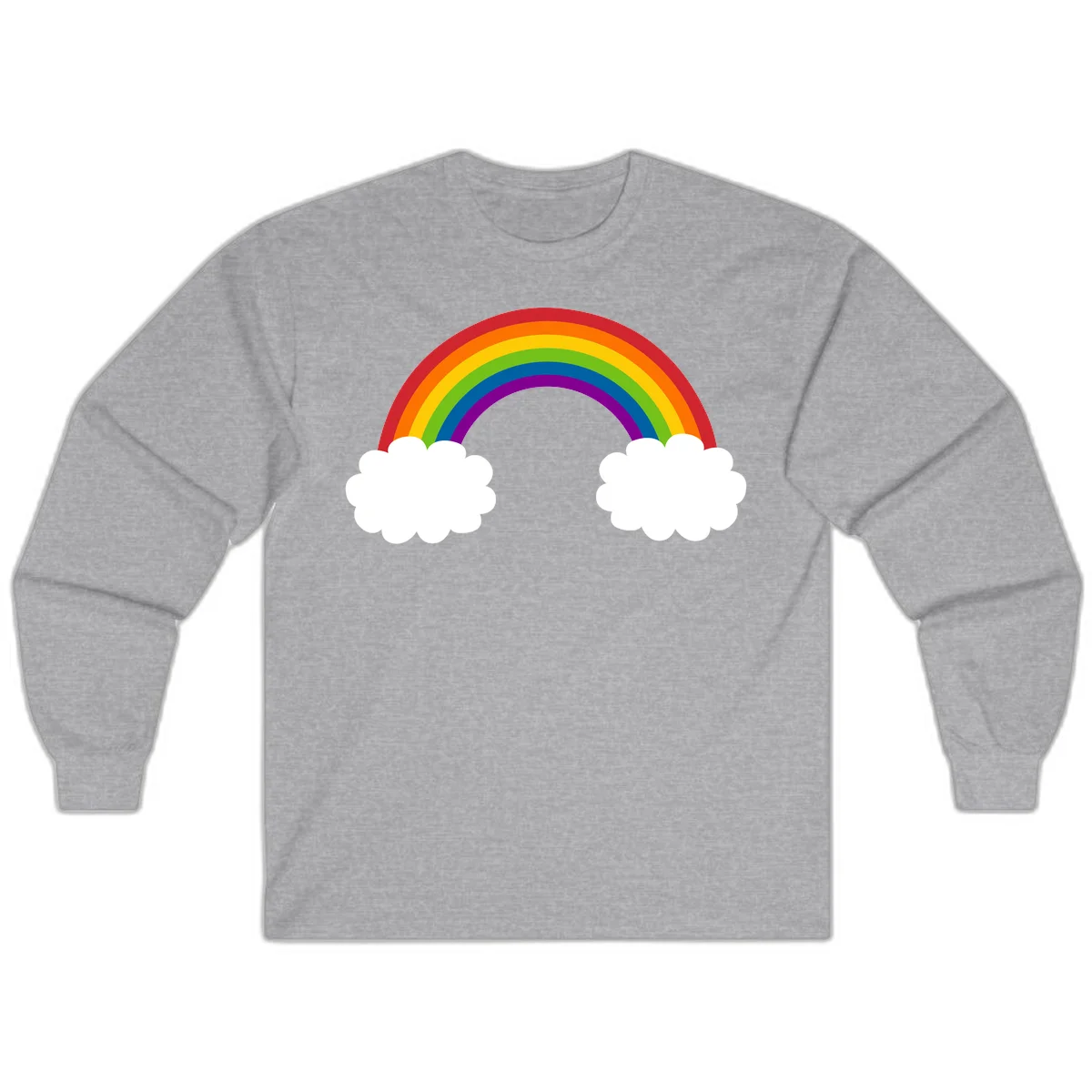 Vibrant rainbow arc spanning between two white clouds on gray background, rainbow-cloud-bridge design in Sport Grey