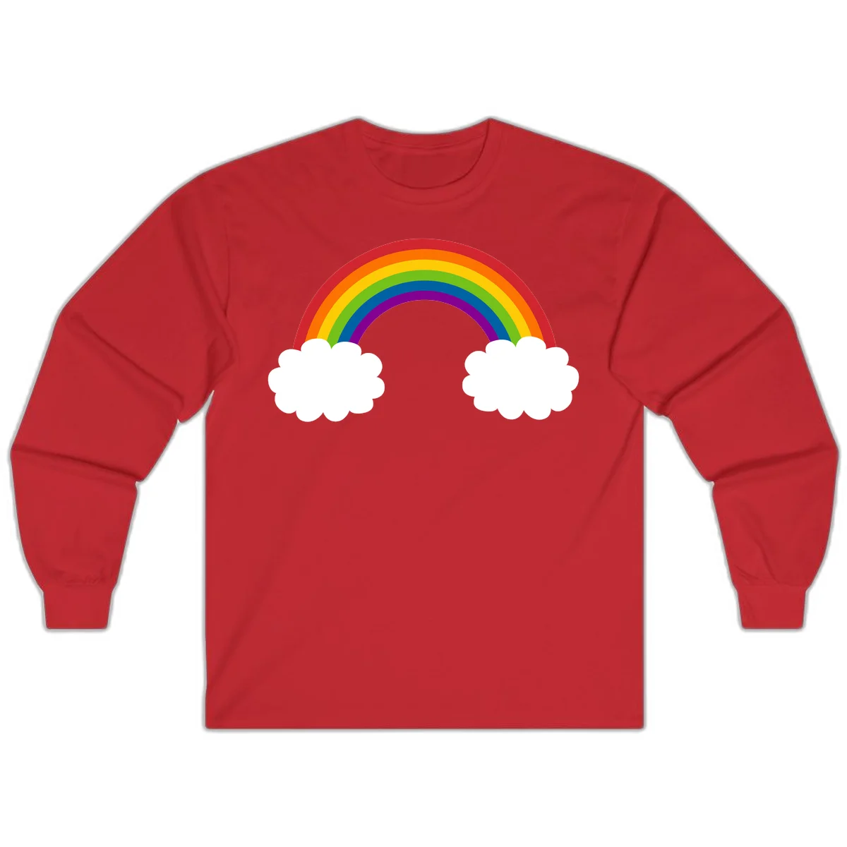Vibrant rainbow arc spanning between two white clouds on gray background, rainbow-cloud-bridge design in Red