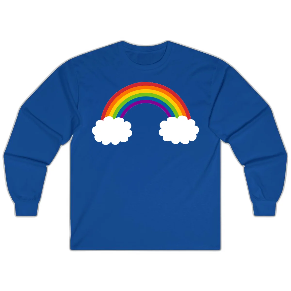 Vibrant rainbow arc spanning between two white clouds on gray background, rainbow-cloud-bridge design in Royal