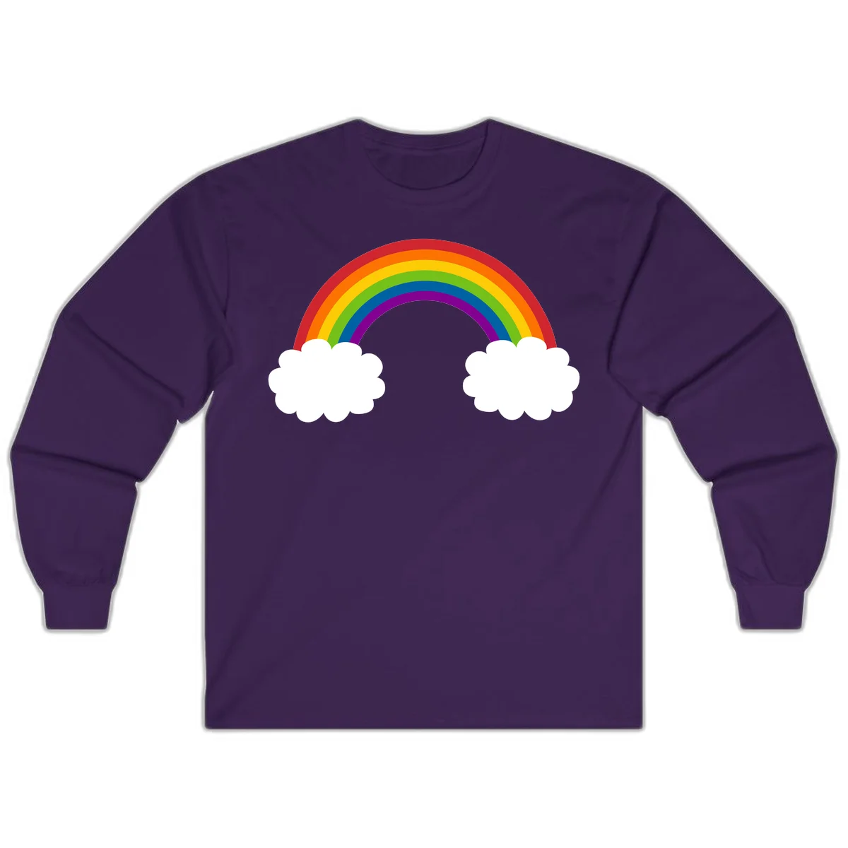 Vibrant rainbow arc spanning between two white clouds on gray background, rainbow-cloud-bridge design in Purple
