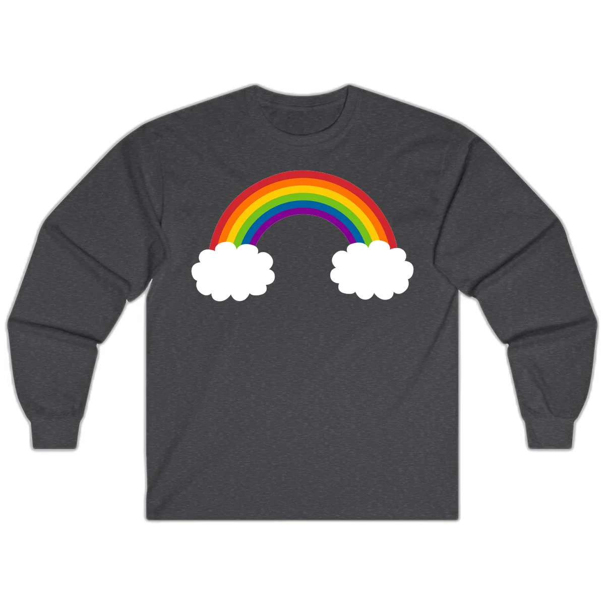 Vibrant rainbow arc spanning between two white clouds on gray background, rainbow-cloud-bridge design in Dark Heather