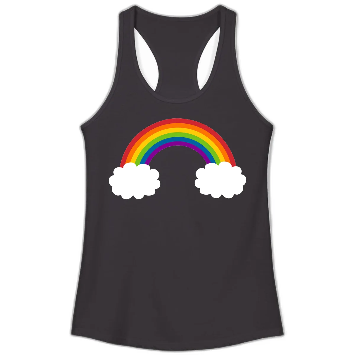 Vibrant rainbow arc spanning between two white clouds on gray background, rainbow-cloud-bridge design in Black