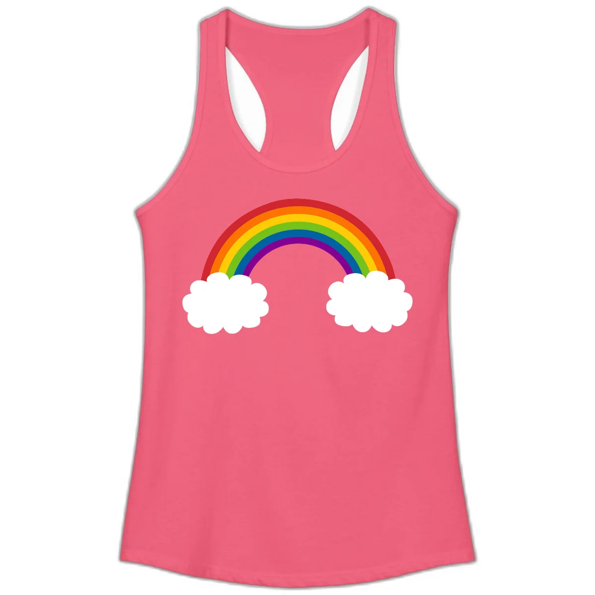Vibrant rainbow arc spanning between two white clouds on gray background, rainbow-cloud-bridge design in Hot Pink