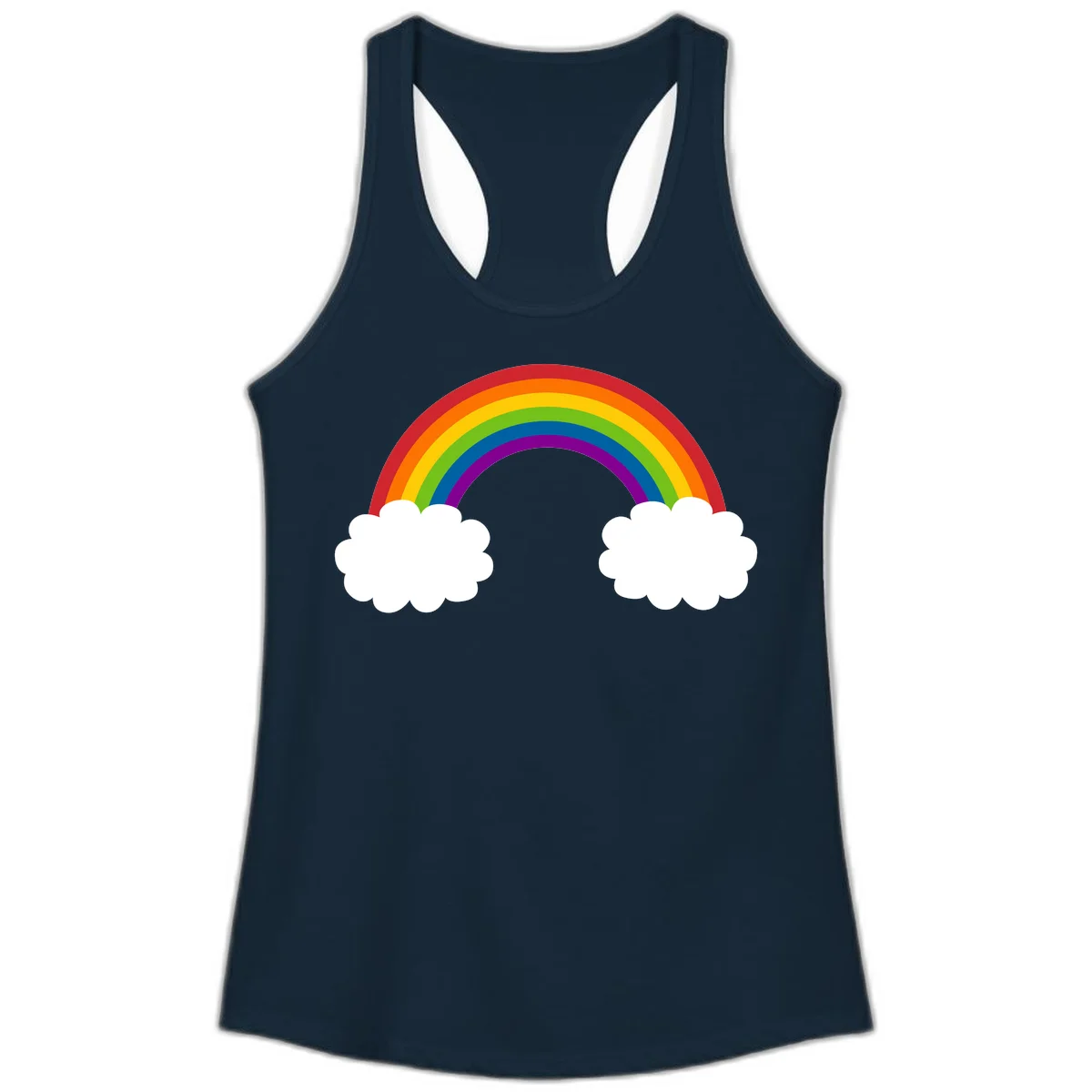 Vibrant rainbow arc spanning between two white clouds on gray background, rainbow-cloud-bridge design in Solid Midnight Navy