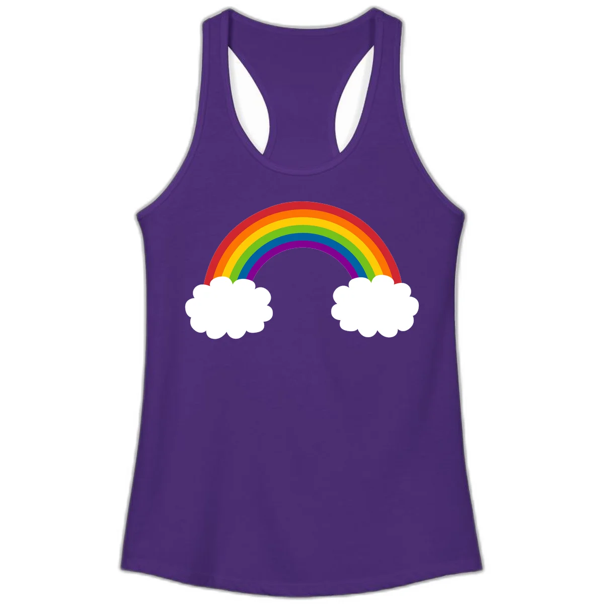Vibrant rainbow arc spanning between two white clouds on gray background, rainbow-cloud-bridge design in Solid Purple Rush