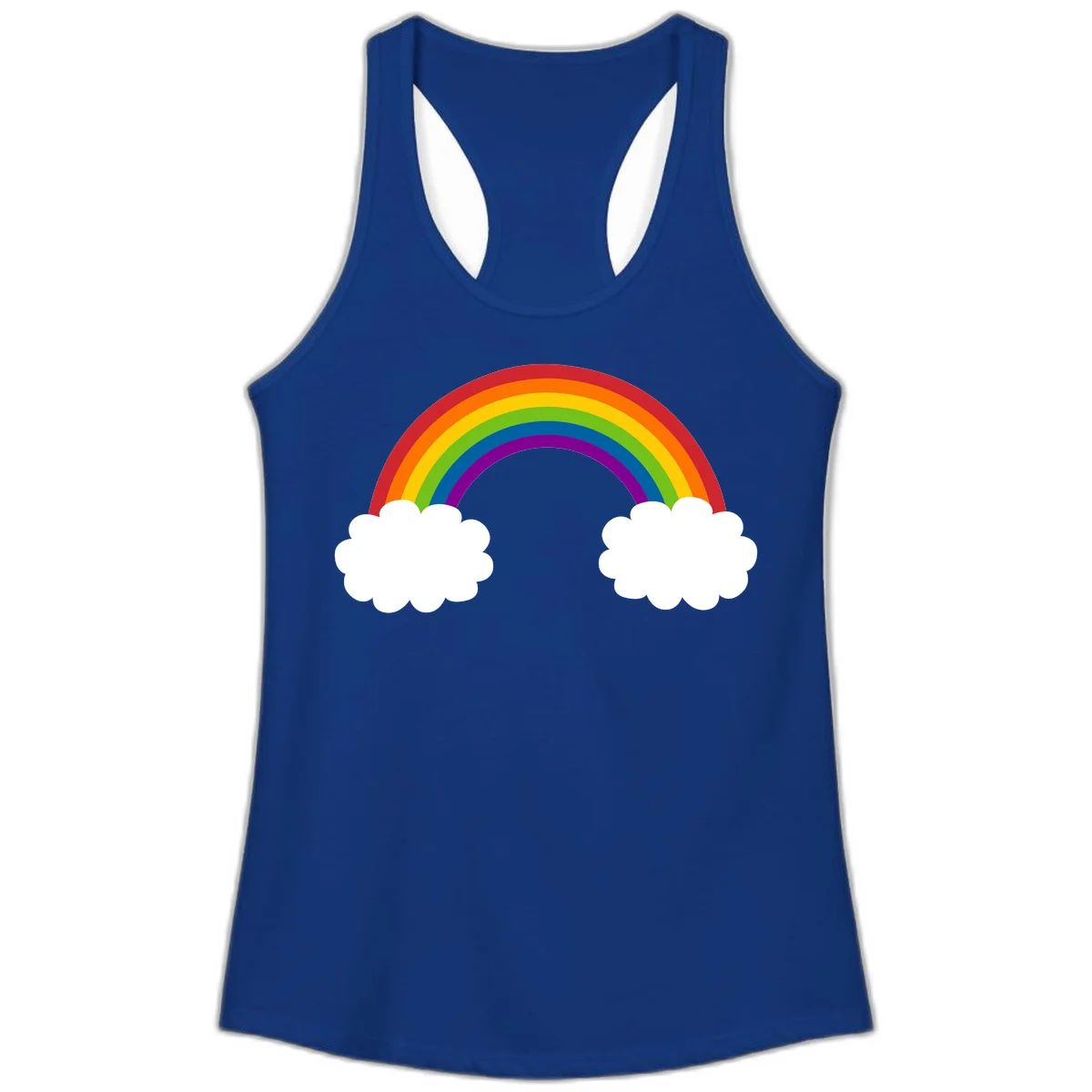 Vibrant rainbow arc spanning between two white clouds on gray background, rainbow-cloud-bridge design in Solid Royal