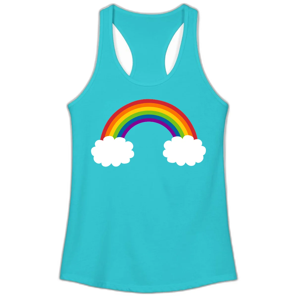 Vibrant rainbow arc spanning between two white clouds on gray background, rainbow-cloud-bridge design in Solid Tahiti Blue