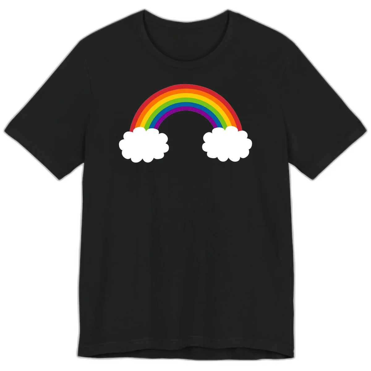 Vibrant rainbow arc spanning between two white clouds on gray background, rainbow-cloud-bridge design in Black