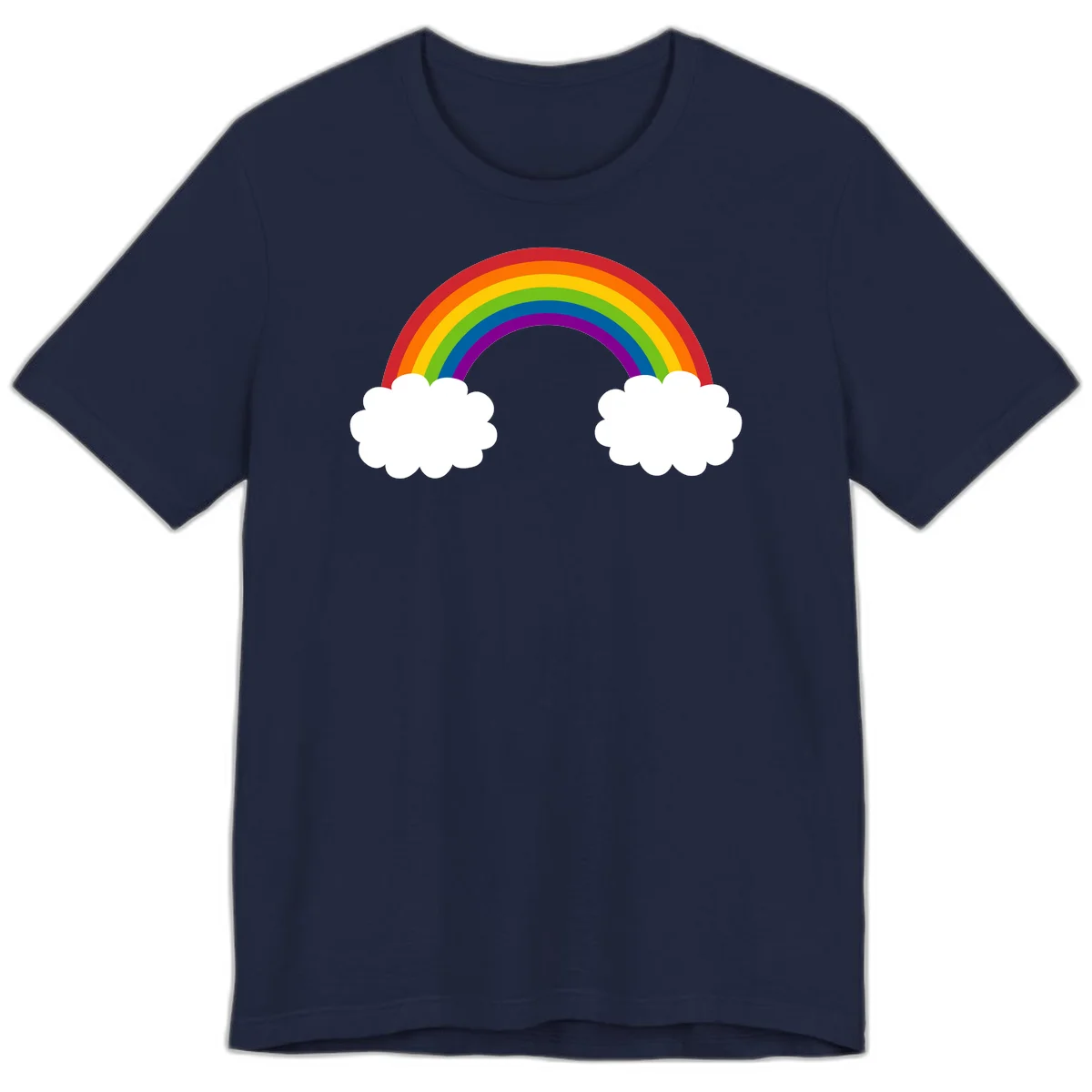 Vibrant rainbow arc spanning between two white clouds on gray background, rainbow-cloud-bridge design in Navy
