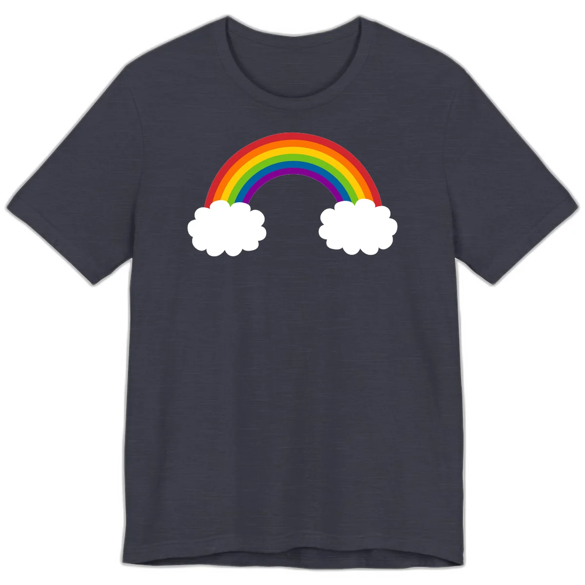 Vibrant rainbow arc spanning between two white clouds on gray background, rainbow-cloud-bridge design in Heather Midnight Navy
