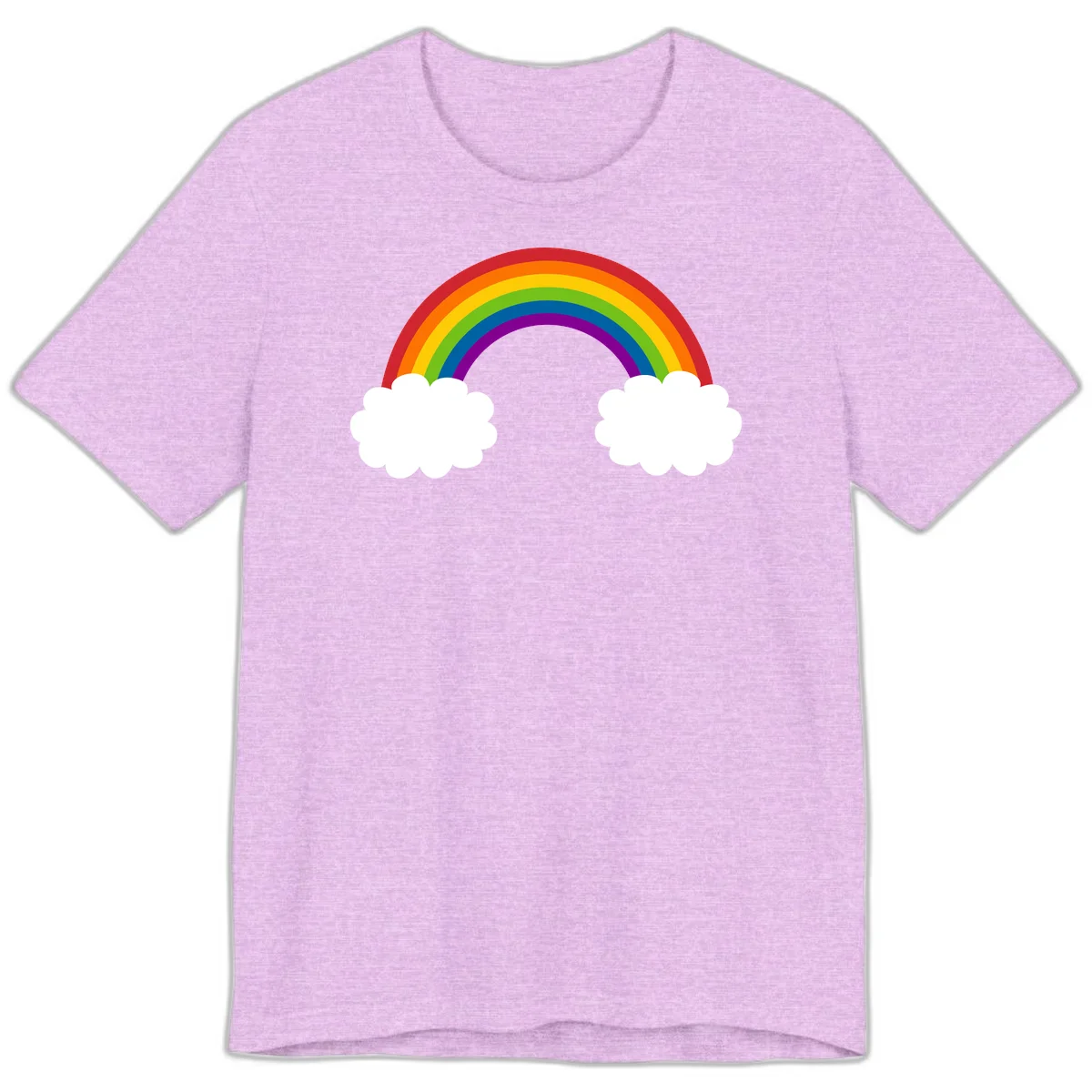 Vibrant rainbow arc spanning between two white clouds on gray background, rainbow-cloud-bridge design in Heather Prism Lilac