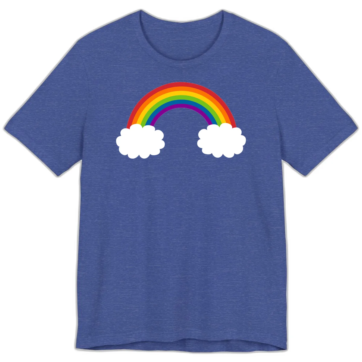 Vibrant rainbow arc spanning between two white clouds on gray background, rainbow-cloud-bridge design in Heather True Royal