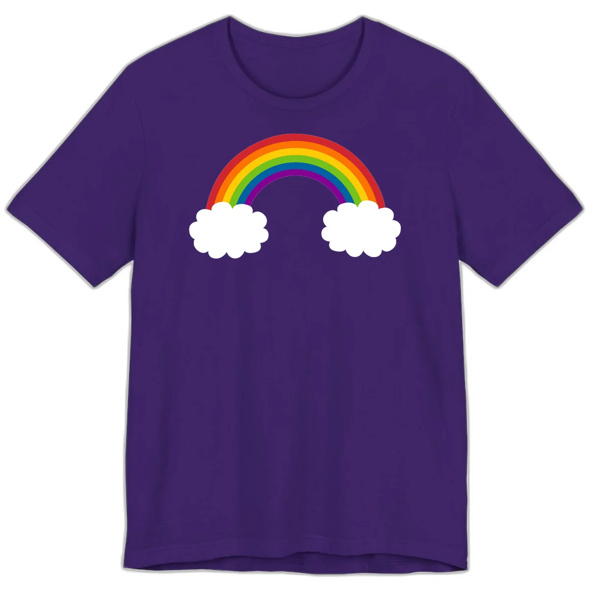 Vibrant rainbow arc spanning between two white clouds on gray background, rainbow-cloud-bridge design in Team Purple