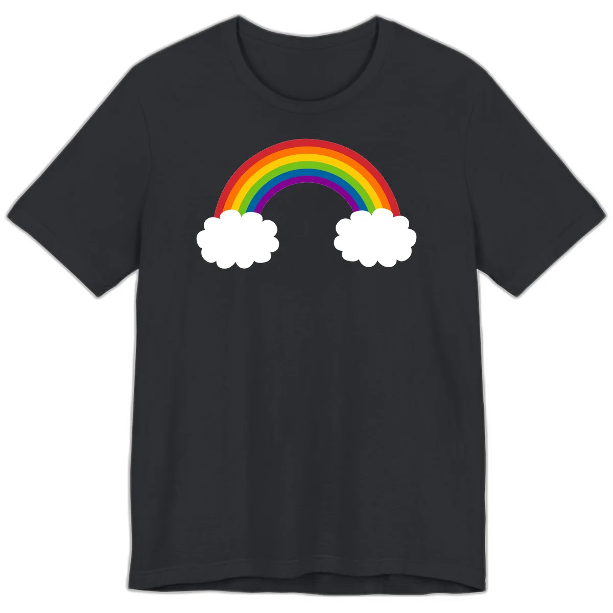 Vibrant rainbow arc spanning between two white clouds on gray background, rainbow-cloud-bridge design in Vintage Black