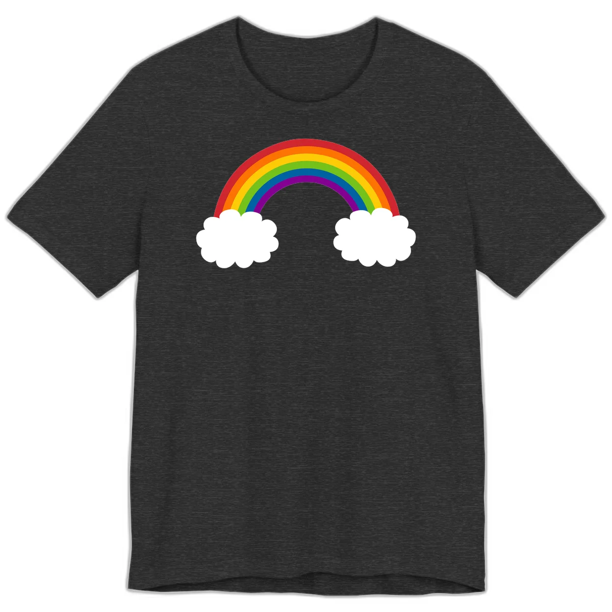 Vibrant rainbow arc spanning between two white clouds on gray background, rainbow-cloud-bridge design in Dark Grey Heather