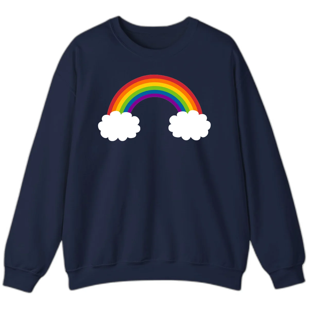 Vibrant rainbow arc spanning between two white clouds on gray background, rainbow-cloud-bridge design in Navy