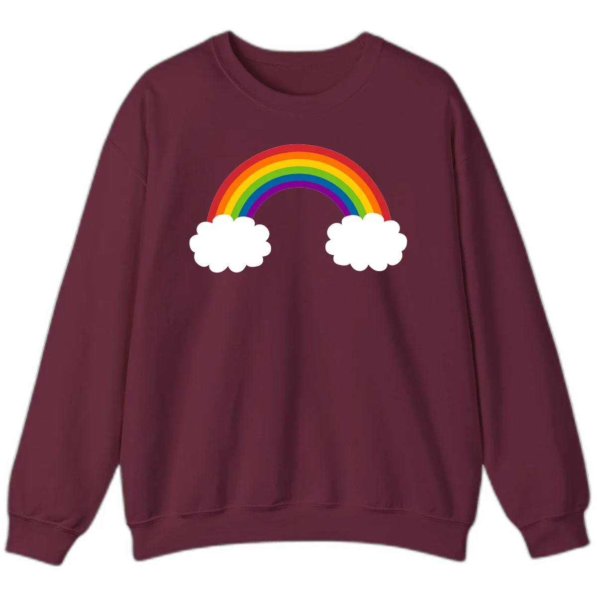 Vibrant rainbow arc spanning between two white clouds on gray background, rainbow-cloud-bridge design in Maroon